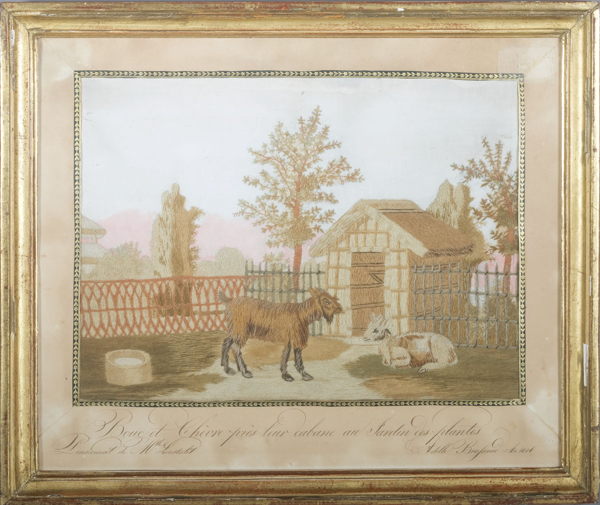 Appraisal: FRENCH NEEDLEWORK PICTURE Lower margin inscribed quot Bouc et Chevre