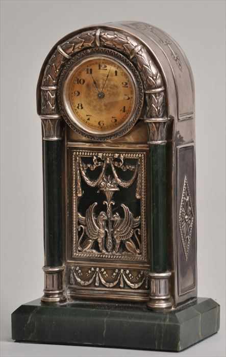 Appraisal: RUSSIAN SILVER-MOUNTED GREEN MARBLE DESK CLOCK Marks rubbed dated the