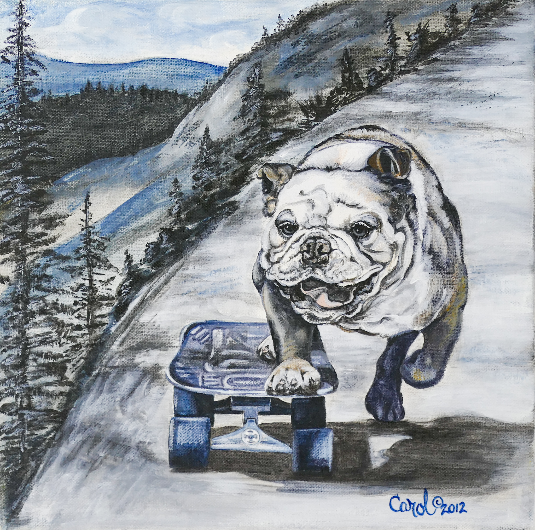 Appraisal: Carol Dillon ''Bulldog Skate'' Dated Oil on Canvas ''x ''