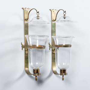 Appraisal: A Pair of Brass and Glass Hurricane Wall Sconces th