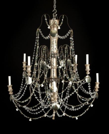 Appraisal: Italian Provincial Polychromed Wood and Crystal Eight-Light Chandelier partially composed