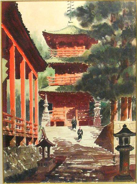 Appraisal: An Asian watercolor of a temple height in width in