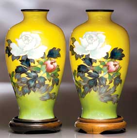 Appraisal: PAIR JAPANESE CLOISONN VASES Pair old Japanese cloisonn enamel vases