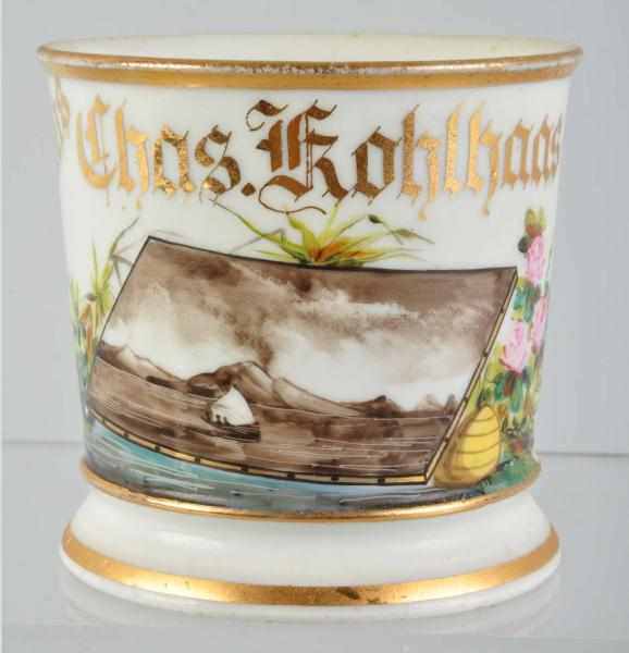 Appraisal: Artist Painting Shaving Mug Description Unusual with three gilt names