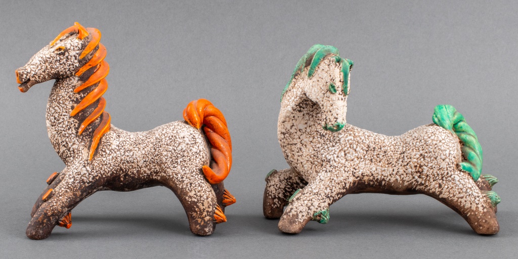 Appraisal: FRENCH SCHOOL GLAZED CERAMIC HORSE SCULPTURES Two ceramic studio art