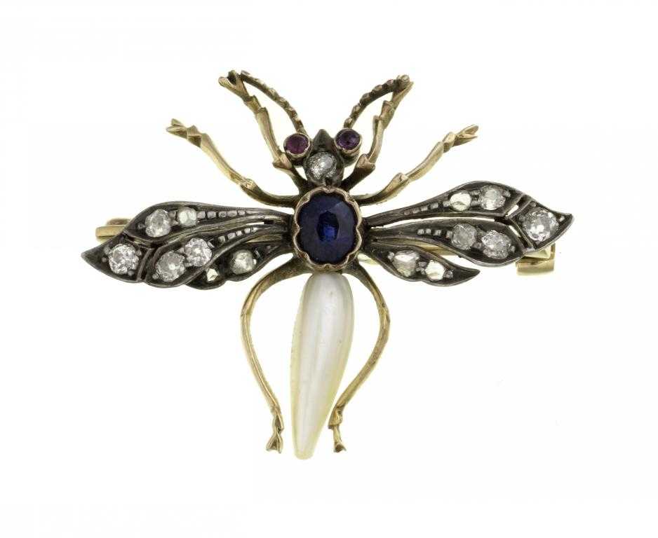 Appraisal: A DIAMOND SAPPHIRE AND BAROQUE PEARL INSECT BROOCH early th