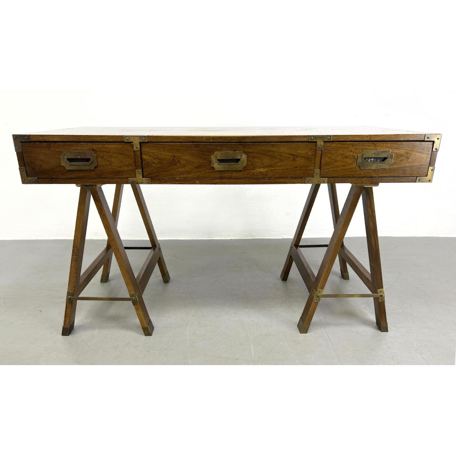 Appraisal: Campaign Style Desk with saw horse style base Brass hardware