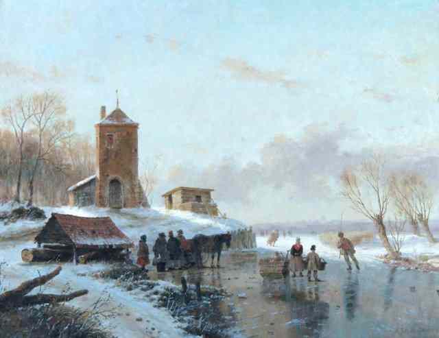 Appraisal: A DE GROOTE - Dutch figures skating on a frozen