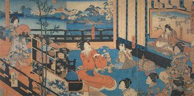 Appraisal: A Japanese triptych depicting female figures and children on a