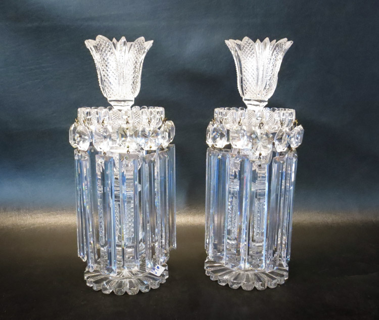 Appraisal: PAIR CUT CRYSTAL LUSTRES with cut pedestal bases and hanging