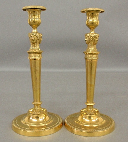 Appraisal: - Pair of French brass ormolu candlesticks c h -