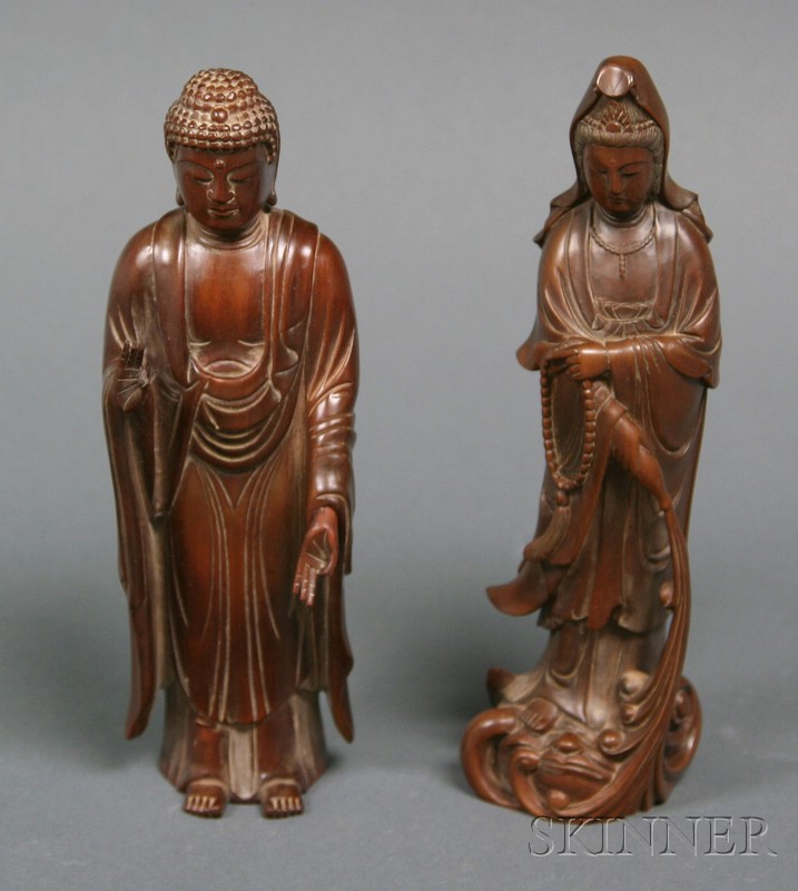 Appraisal: Two Hardwood Carvings standing figures of Kuan Yin and Amida