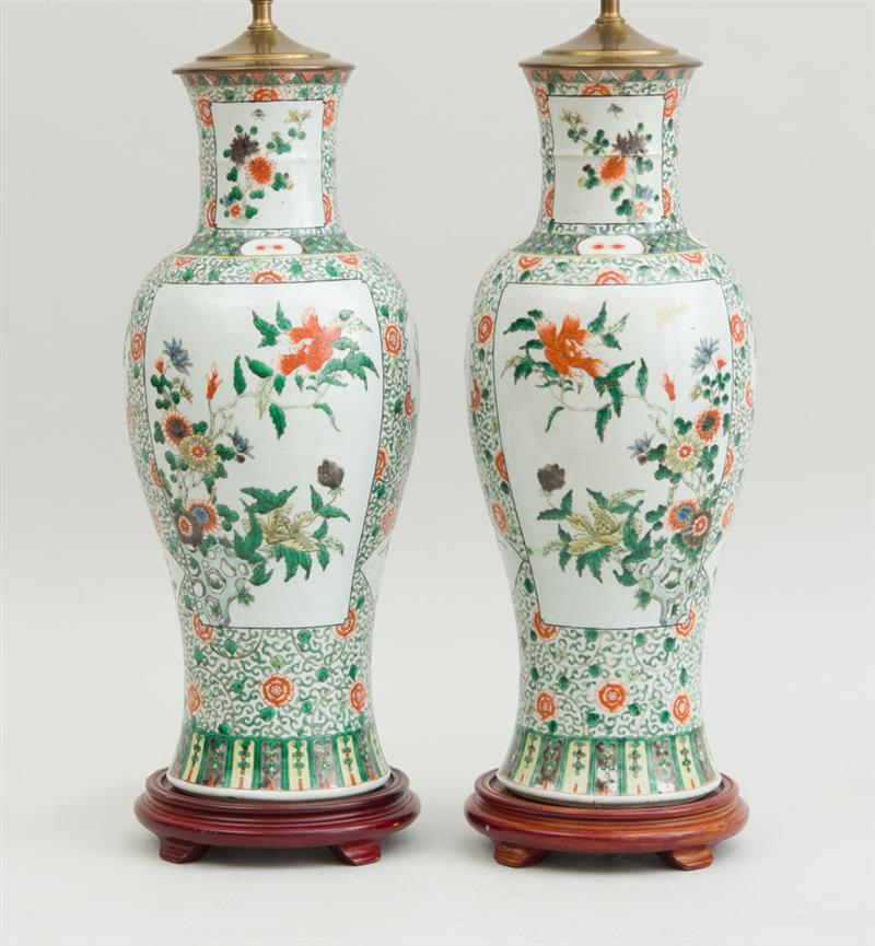 Appraisal: PAIR OF CHINESE FAMILLE ROSE PORCELAIN BALUSTER-FORM VASES MOUNTED AS