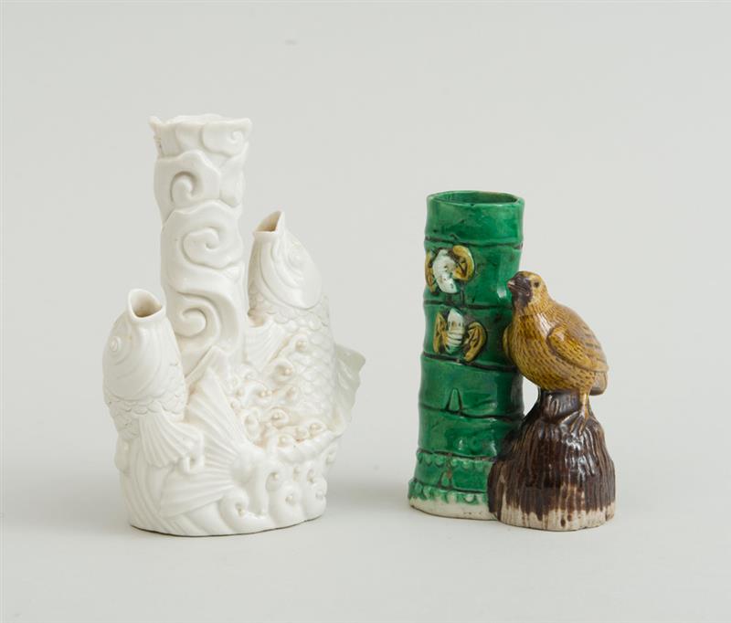 Appraisal: CHINESE IVORY-GLAZED PORCELAIN VASE AND A GLAZED BAMBOO VASE x