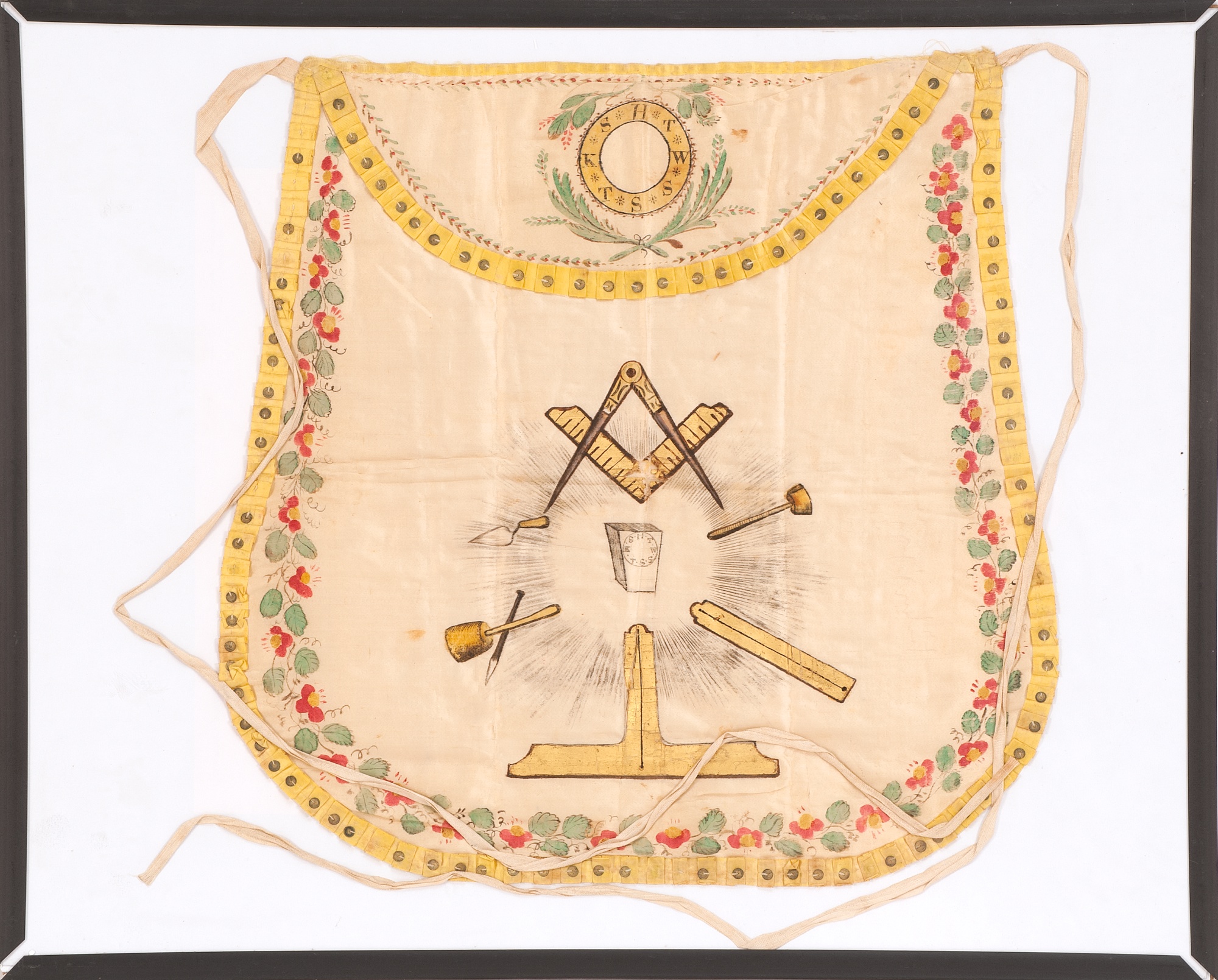 Appraisal: FRAMED MASONIC APRON th CenturyIn white silk with yellow trim