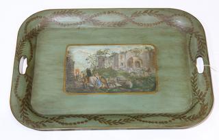 Appraisal: Continental style polychrome decorated handled tray having a foliate gilt