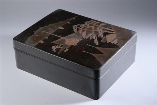 Appraisal: JAPANESE BLACK LACQUER MOTHER-OF-PEARL INLAID BOX Meiji period Riverscape decoration