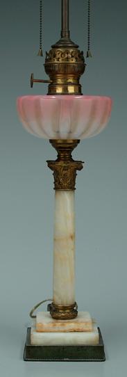 Appraisal: Ormolu mounted marble lamp base opalescent pale cranberry font above