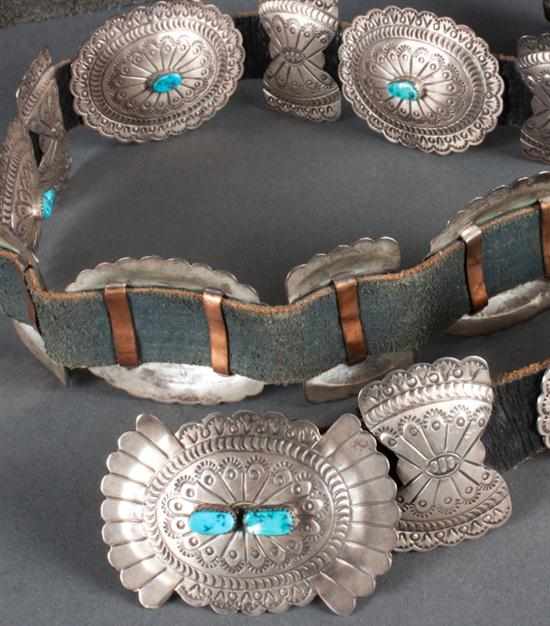 Appraisal: Sterling silver turquoise and leather concho belt signed ''M J