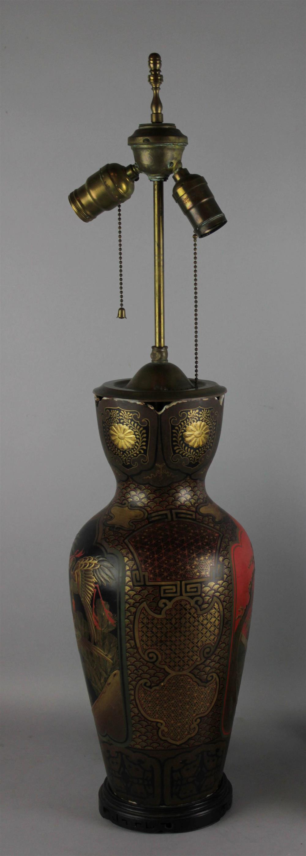 Appraisal: JAPANESE LACQUER ON PORCELAIN BALUSTER VASE the high-shouldered vase intricately