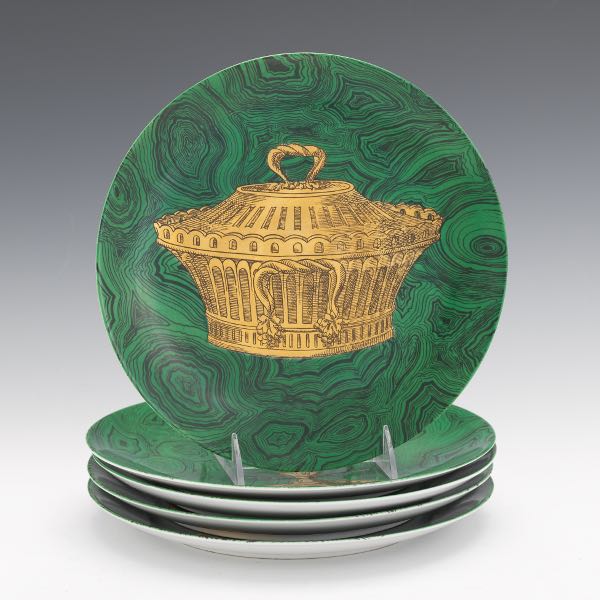 Appraisal: PIERO FORNASETTI MALACHITE GREEN PLATES WITH GOLD DESIGNS AND Porcelain