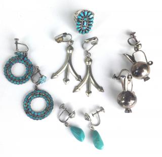 Appraisal: pairs of SW Navajo silver earrings ring w turquoise stone