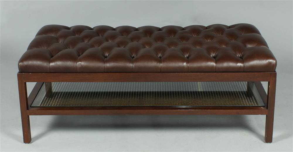 Appraisal: TUFTED BROWN LEATHER UPHOLSTERED BENCH WITH GLASS CANED LOWER SHELF