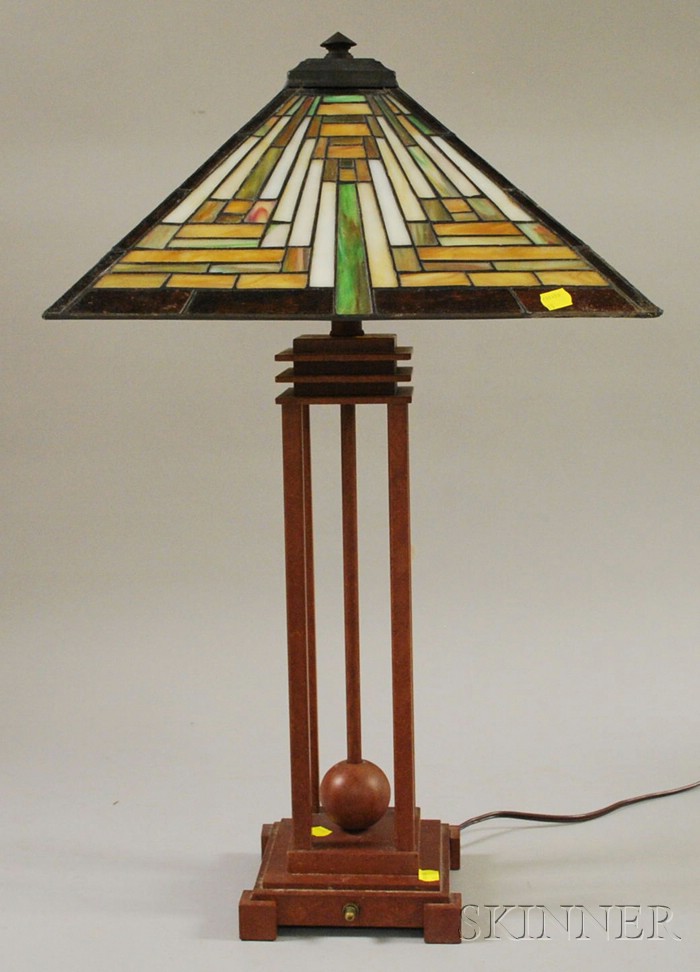 Appraisal: Prairie School Style Leaded Art Glass and Painted Metal Table