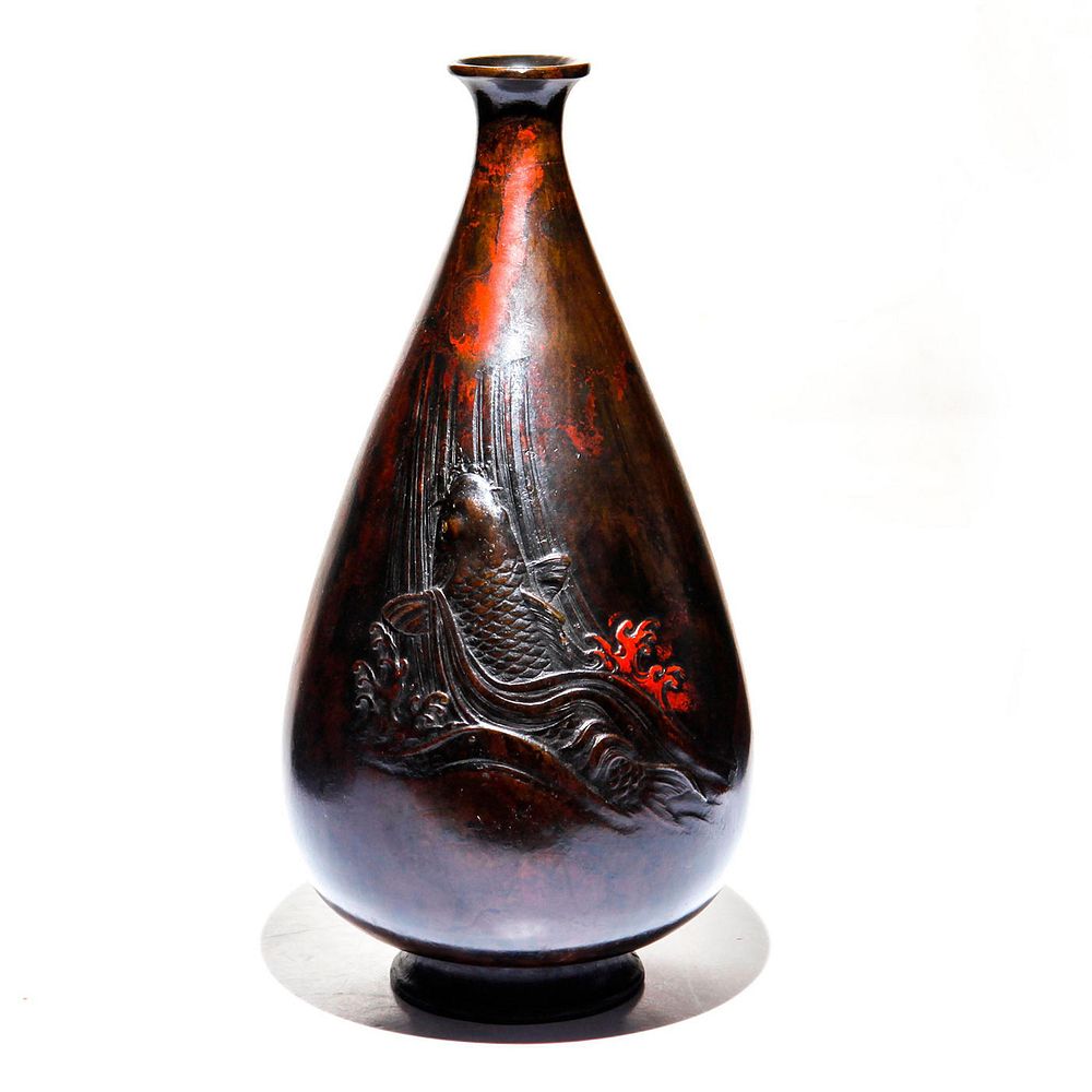 Appraisal: JAPANESE MEIJI PERIOD CARP WATERFALL BRONZE VASE Japanese Meiji period