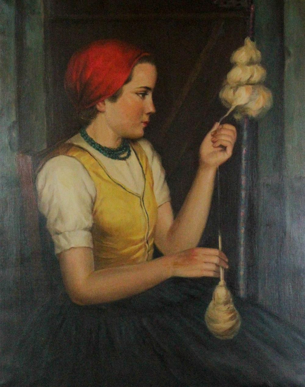 Appraisal: TH CENTURY GIRL AT SPINNING WHEEL Oil on Canvas x