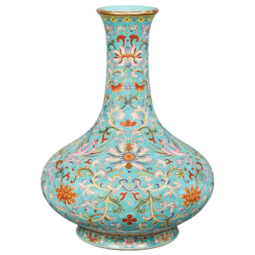 Appraisal: Chinese Turquoise Ground Famille Rose Glazed Porcelain Vase Jiaqing Seal