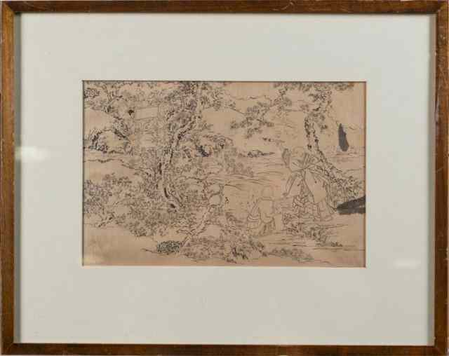 Appraisal: Japanese Ink on Paper Drawing Possibly HokusaiDepicting a scene with