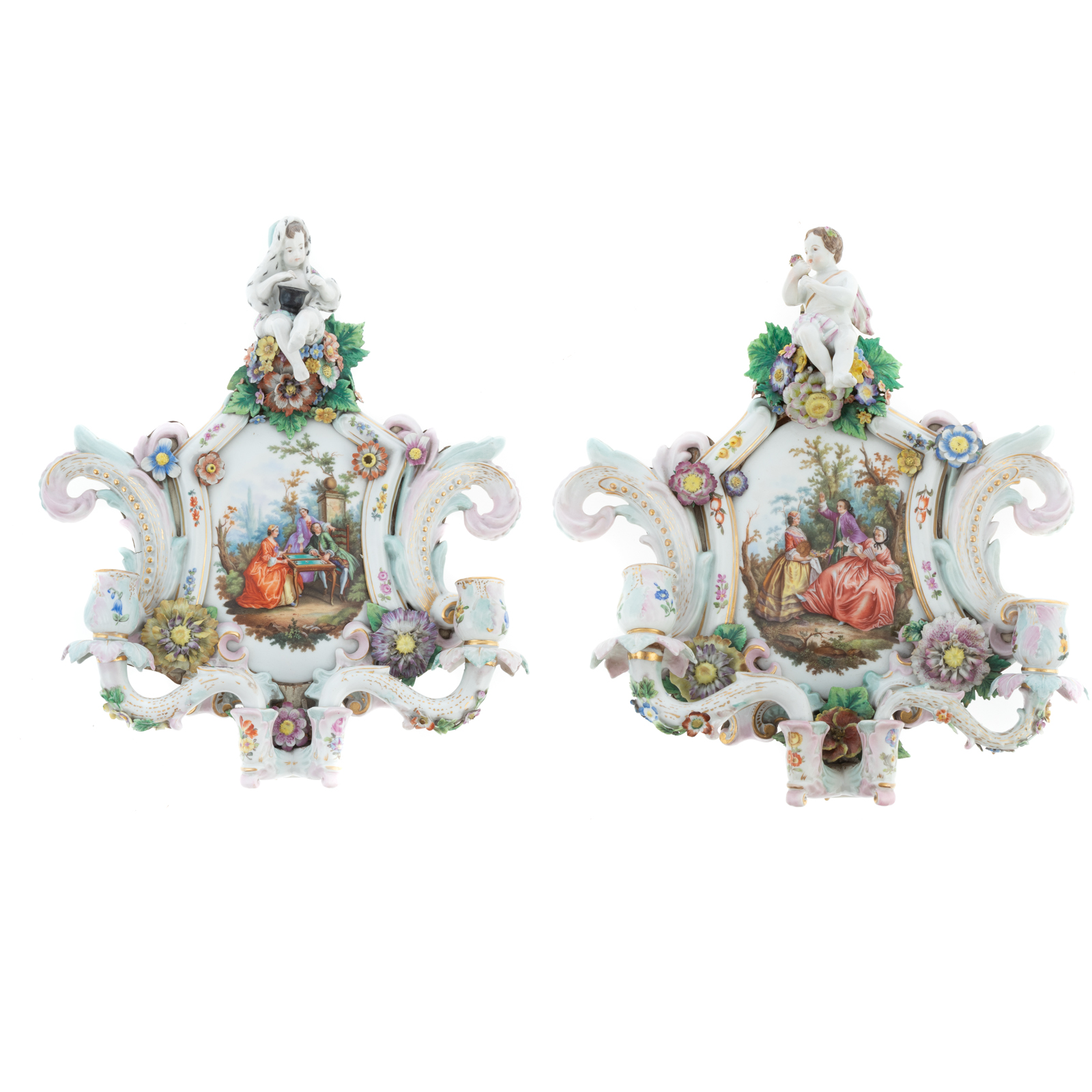 Appraisal: A PAIR OF MEISSEN STYLE PORCELAIN WALL SCONCES Late th