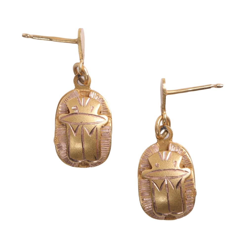 Appraisal: Vintage K yellow gold scarab beetle Egyptian Revival earrings g