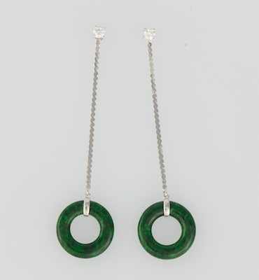 Appraisal: A Pair of Diamond Studs with Spinach Jade Pendants k