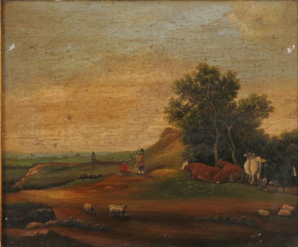 Appraisal: Primitive Dutch pastoral landscape with figures sheep and cattle oil