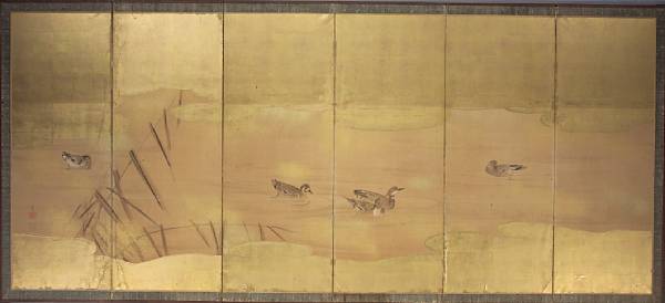 Appraisal: Maruyama School th Century Ducks and Reeds Large six panel