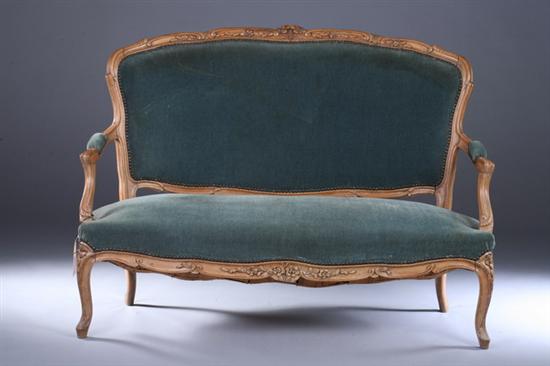 Appraisal: FRENCH LOUIS XV STYLE BEECHWOOD CANAPE circa with nailed blue