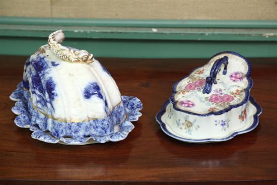 Appraisal: TWO CHEESE KEEPERS Flow blue with gilt accents and fish