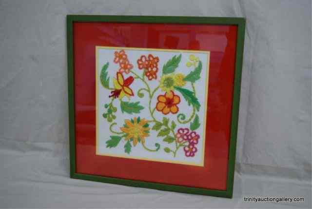 Appraisal: Vintage Embroidery Crewelwork Flower Leaves ArtThis is a very nice