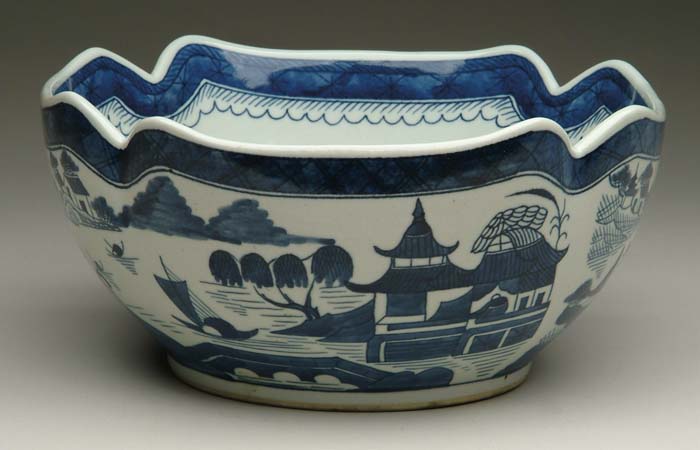 Appraisal: CHINESE EXPORT BLUE AND WHITE CANTON CUT CORNER BOWL Nice