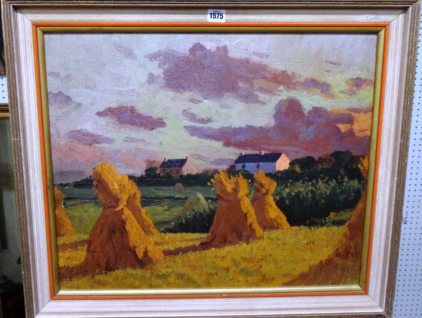 Appraisal: English school th century Harvest landscape at sunset oil on