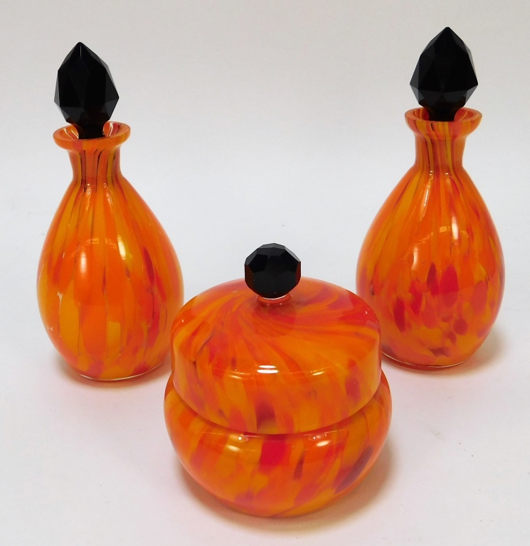 Appraisal: PC RUCKL ORANGE PULLED BOHEMIAN ART GLASS VESSELS Bohemia th