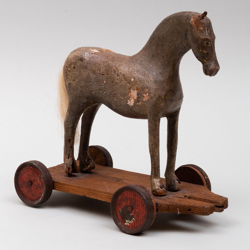 Appraisal: American Grey Painted Pine Horse Pull Toy x in Condition