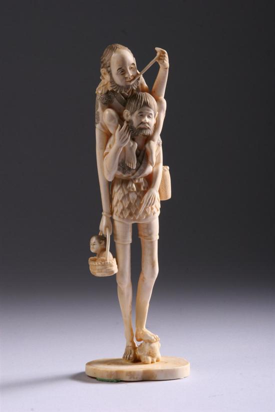 Appraisal: JAPANESE IVORY OKIMONO OF BEGGAR Standing carrying man on his