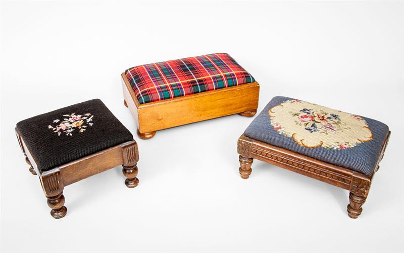 Appraisal: Three Rectangular Footstools One with tartan pattern seat the other