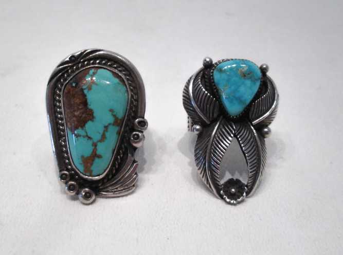 Appraisal: TWO NAVAJO SILVER AND TURQUOISE RINGS teardrop shape turquoise stone