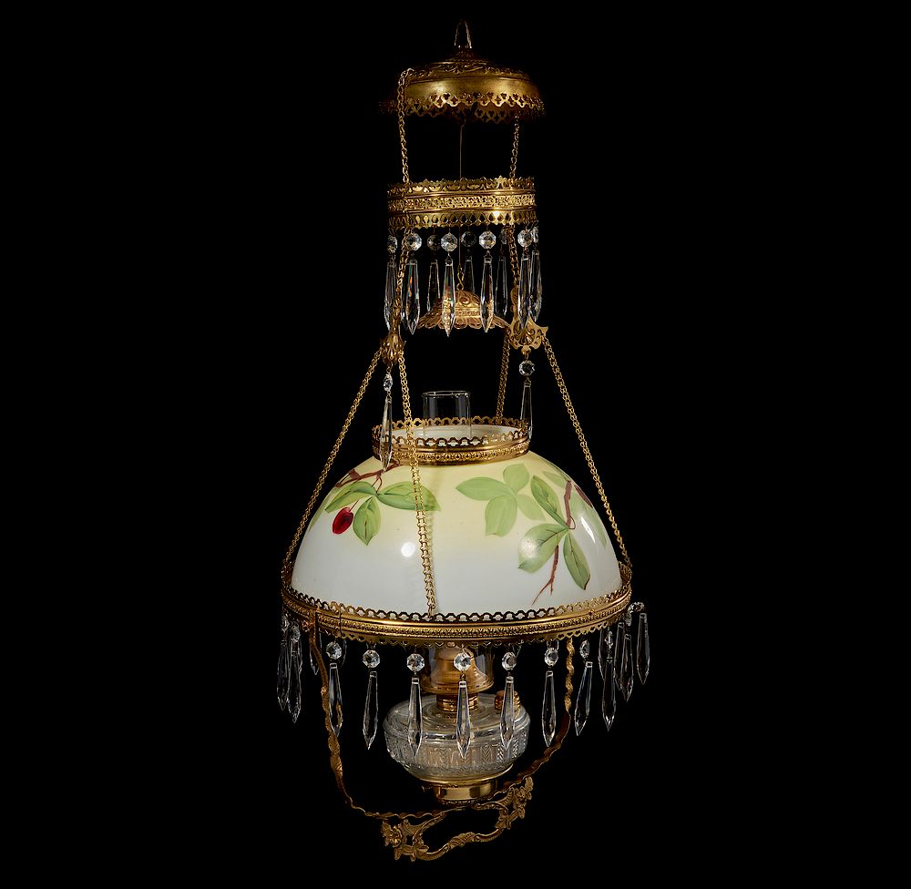 Appraisal: Kerosene Hanging Lamp Hanging kerosene lamp with glass font painted