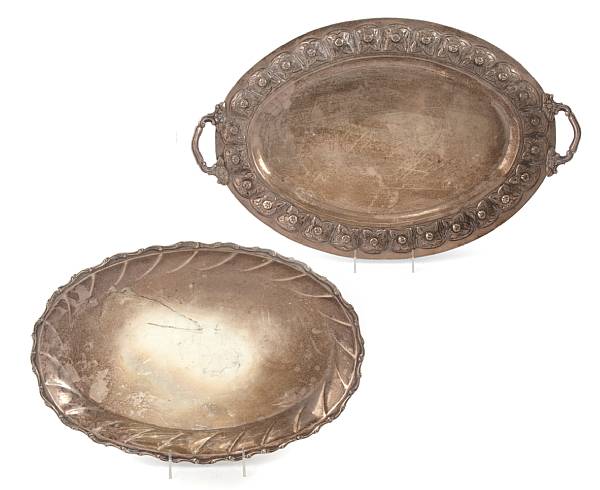 Appraisal: Two Mexican sterling table articles Comprising oval tray with bracket