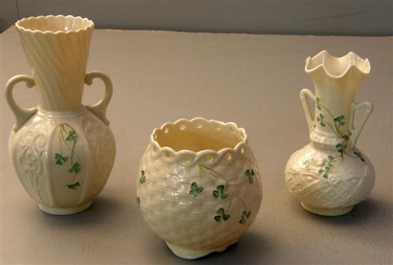 Appraisal: Belleek twin handled vase high and two other similar vases